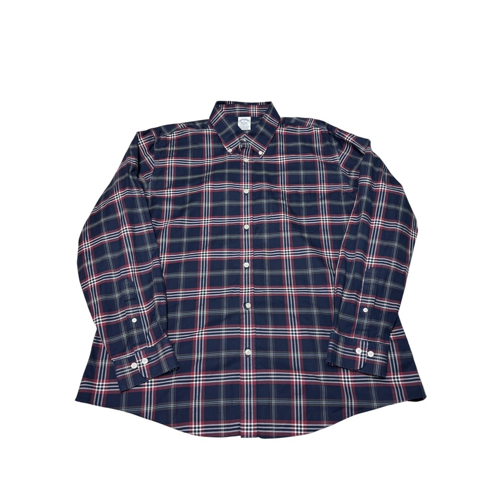 Brooks Brothers Regent Fit Supima Cotton Non-Iron Plaid Shirt Mens XL Navy Red